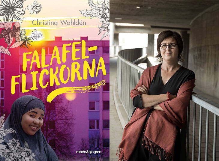 En bild på omslaget och en bild på författaren. På omslaget står titeln med stora bokstäver. I bakgrunden syns höghus och under titeln är en tjej som ler stort. Hon har slöja på sig. Författarbilden visar Christina. Hon står lutade mot ett räcke. Hon har en sjal svept runt axlarna och rund glasögon. Hennes hår är ganska kort och hon ser ut att vara i medelåldern.