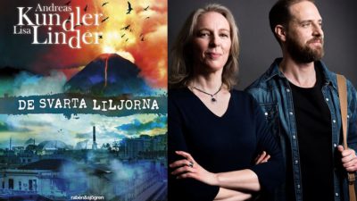 En bild på boken och en bild på författaren. På bokens framsida är det en stor vulkan som det flyger fåglar framför och en mörk stad. Författarna står tillsammans Linda står med armarna i kors och tittar i kameran. Hon hår ner till axlanar och ett litet halsband. Andreas har hår som ligger bakåt. Han tittar åt sidan. Han har jeansjacka och en väska över axeln.