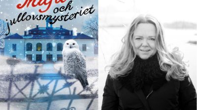 En bild på bokomslaget och en på författaren. På bokomslaget är det en stor byggnad i bakgrunden och en uggla som sitter en grind längst fram. Författaren står utomhus. Hon har långt och och ler.