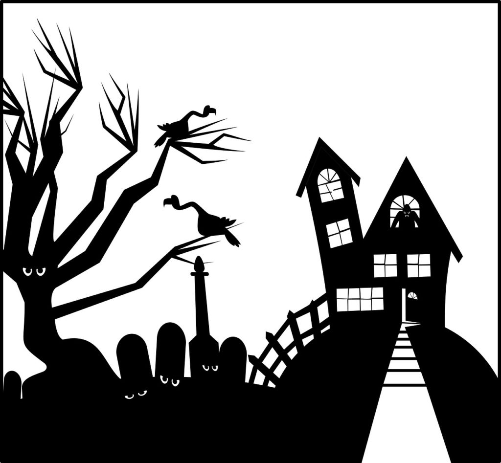 Ett svart och vitt spökhus.