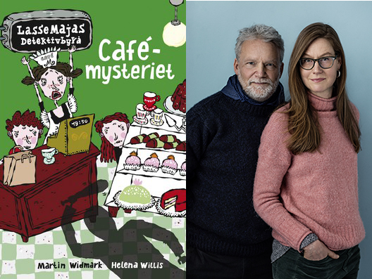 Porträtt på Martin Widmark och Helena Willis samt en bild på bokens omslag.
