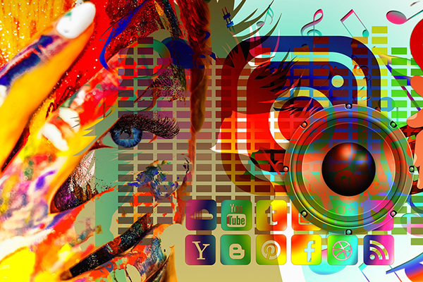 en färgglad bild där loggor från flera olika sociala medier syns.