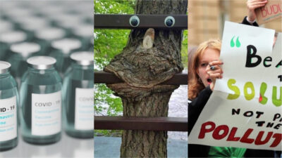 Collage på vaccin, träd och en demonstration